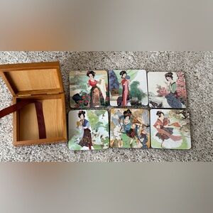 Vintage Asian Art Coaster Set